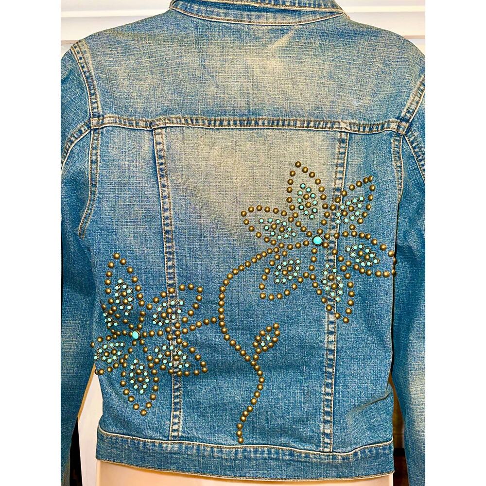 VINTAGE UNWORN 90's BUZZ 18 EMBELLISHED TURQUOISE STUDDED DENIM JEAN JACKET